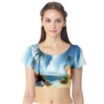 Delicate Watercolor Painting Surreal Oasis Scene With Intense Dramatic Lighting Short Sleeve Crop Top