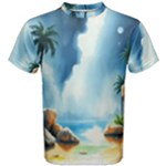 Delicate Watercolor Painting Surreal Oasis Scene With Intense Dramatic Lighting Men s Cotton T-Shirt