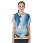 Delicate Watercolor Painting Surreal Oasis Scene With Intense Dramatic Lighting Women s Cotton T-Shirt