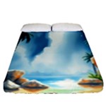 Delicate Watercolor Painting Surreal Oasis Scene With Intense Dramatic Lighting Fitted Sheet (Queen Size)