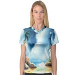 Delicate Watercolor Painting Surreal Oasis Scene With Intense Dramatic Lighting V-Neck Sport Mesh T-Shirt