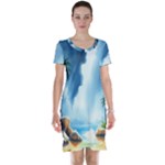 Delicate Watercolor Painting Surreal Oasis Scene With Intense Dramatic Lighting Short Sleeve Nightdress