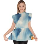 Delicate Watercolor Painting Surreal Oasis Scene With Intense Dramatic Lighting Ruffle Collar Short Sleeve Chiffon Top