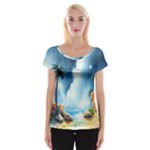 Delicate Watercolor Painting Surreal Oasis Scene With Intense Dramatic Lighting Cap Sleeve Top