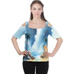 Delicate Watercolor Painting Surreal Oasis Scene With Intense Dramatic Lighting Cutout Shoulder T-Shirt