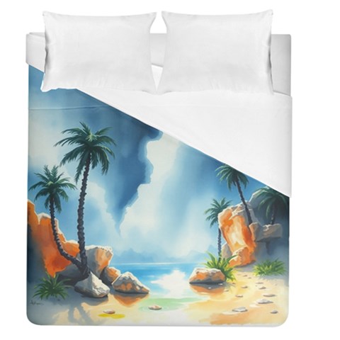 Delicate Watercolor Painting Surreal Oasis Scene With Intense Dramatic Lighting Duvet Cover (Queen Size) from ArtsNow.com