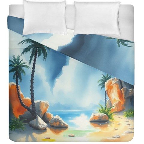 Delicate Watercolor Painting Surreal Oasis Scene With Intense Dramatic Lighting Duvet Cover Double Side (King Size) from ArtsNow.com