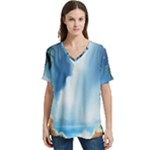 Delicate Watercolor Painting Surreal Oasis Scene With Intense Dramatic Lighting V-Neck Split Shoulder Casual T-Shirt