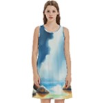 Delicate Watercolor Painting Surreal Oasis Scene With Intense Dramatic Lighting Round Neck Sleeve Casual Dress With Pockets