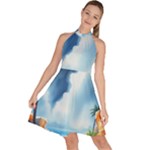 Delicate Watercolor Painting Surreal Oasis Scene With Intense Dramatic Lighting Sleeveless Halter Neck A-Line Dress