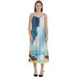 Delicate Watercolor Painting Surreal Oasis Scene With Intense Dramatic Lighting Casual Spaghetti Strap Midi Dress