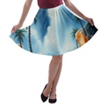 Delicate Watercolor Painting Surreal Oasis Scene With Intense Dramatic Lighting A-line Skater Skirt