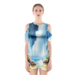 Delicate Watercolor Painting Surreal Oasis Scene With Intense Dramatic Lighting Shoulder Cutout One Piece Dress