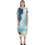 Delicate Watercolor Painting Surreal Oasis Scene With Intense Dramatic Lighting Cold Shoulder Loose Fit Dress With Pockets