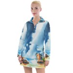 Delicate Watercolor Painting Surreal Oasis Scene With Intense Dramatic Lighting Women s Long Sleeve Casual Dress