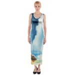 Delicate Watercolor Painting Surreal Oasis Scene With Intense Dramatic Lighting Fitted Maxi Dress