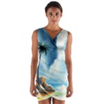 Delicate Watercolor Painting Surreal Oasis Scene With Intense Dramatic Lighting Wrap Front Bodycon Dress