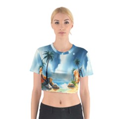 Delicate Watercolor Painting Surreal Oasis Scene With Intense Dramatic Lighting Cotton Crop Top from ArtsNow.com