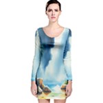 Delicate Watercolor Painting Surreal Oasis Scene With Intense Dramatic Lighting Long Sleeve Velvet Bodycon Dress