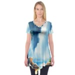 Delicate Watercolor Painting Surreal Oasis Scene With Intense Dramatic Lighting Short Sleeve Tunic 