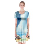 Delicate Watercolor Painting Surreal Oasis Scene With Intense Dramatic Lighting Short Sleeve V-neck Flare Dress