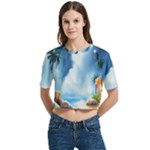 Delicate Watercolor Painting Surreal Oasis Scene With Intense Dramatic Lighting Women s Round Neck Short Sleeve Crop Top