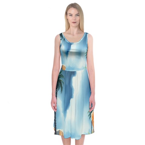 Delicate Watercolor Painting Surreal Oasis Scene With Intense Dramatic Lighting Midi Sleeveless Dress from ArtsNow.com