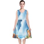 Delicate Watercolor Painting Surreal Oasis Scene With Intense Dramatic Lighting V-Neck Midi Sleeveless Dress 