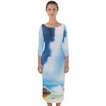 Delicate Watercolor Painting Surreal Oasis Scene With Intense Dramatic Lighting Quarter Sleeve Midi Bodycon Dress