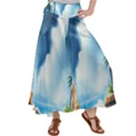 Delicate Watercolor Painting Surreal Oasis Scene With Intense Dramatic Lighting Women s Satin Palazzo Pants