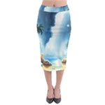 Delicate Watercolor Painting Surreal Oasis Scene With Intense Dramatic Lighting Midi Pencil Skirt