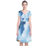 Delicate Watercolor Painting Surreal Oasis Scene With Intense Dramatic Lighting Short Sleeve Front Wrap Dress