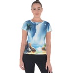 Delicate Watercolor Painting Surreal Oasis Scene With Intense Dramatic Lighting Short Sleeve Sports Top 