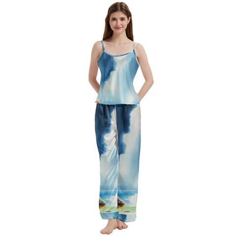 Delicate Watercolor Painting Surreal Oasis Scene With Intense Dramatic Lighting Spaghetti Top Long Pants Satin Pajamas Set from ArtsNow.com