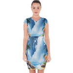 Delicate Watercolor Painting Surreal Oasis Scene With Intense Dramatic Lighting Capsleeve Drawstring Dress 