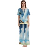 Delicate Watercolor Painting Surreal Oasis Scene With Intense Dramatic Lighting Short Sleeve Long Pants Satin Pajamas Set