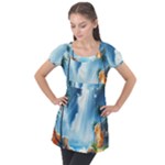 Delicate Watercolor Painting Surreal Oasis Scene With Intense Dramatic Lighting Puff Sleeve Tunic Top