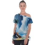 Delicate Watercolor Painting Surreal Oasis Scene With Intense Dramatic Lighting Off Shoulder Tie-Up T-Shirt