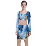 Delicate Watercolor Painting Surreal Oasis Scene With Intense Dramatic Lighting Long Sleeve Crop Top & Bodycon Skirt Set