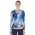 Delicate Watercolor Painting Surreal Oasis Scene With Intense Dramatic Lighting V-Neck Long Sleeve Top