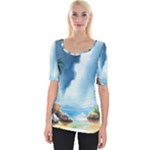 Delicate Watercolor Painting Surreal Oasis Scene With Intense Dramatic Lighting Wide Neckline T-Shirt