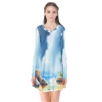 Delicate Watercolor Painting Surreal Oasis Scene With Intense Dramatic Lighting Long Sleeve V-neck Flare Dress