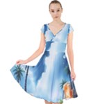 Delicate Watercolor Painting Surreal Oasis Scene With Intense Dramatic Lighting Cap Sleeve Front Wrap Midi Dress