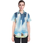 Delicate Watercolor Painting Surreal Oasis Scene With Intense Dramatic Lighting Women s Short Sleeve Shirt