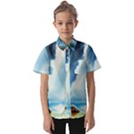 Delicate Watercolor Painting Surreal Oasis Scene With Intense Dramatic Lighting Kids  Short Sleeve Shirt