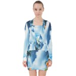 Delicate Watercolor Painting Surreal Oasis Scene With Intense Dramatic Lighting V-neck Bodycon Long Sleeve Dress