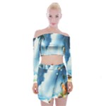 Delicate Watercolor Painting Surreal Oasis Scene With Intense Dramatic Lighting Off Shoulder Top with Mini Skirt Set