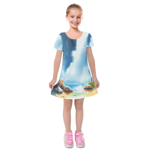 Delicate Watercolor Painting Surreal Oasis Scene With Intense Dramatic Lighting Kids  Short Sleeve Velvet Dress from ArtsNow.com