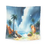 Delicate Watercolor Painting Surreal Oasis Scene With Intense Dramatic Lighting Square Tapestry (Small)