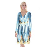 Delicate Watercolor Painting Surreal Oasis Scene With Intense Dramatic Lighting Long Sleeve Velvet Front Wrap Dress